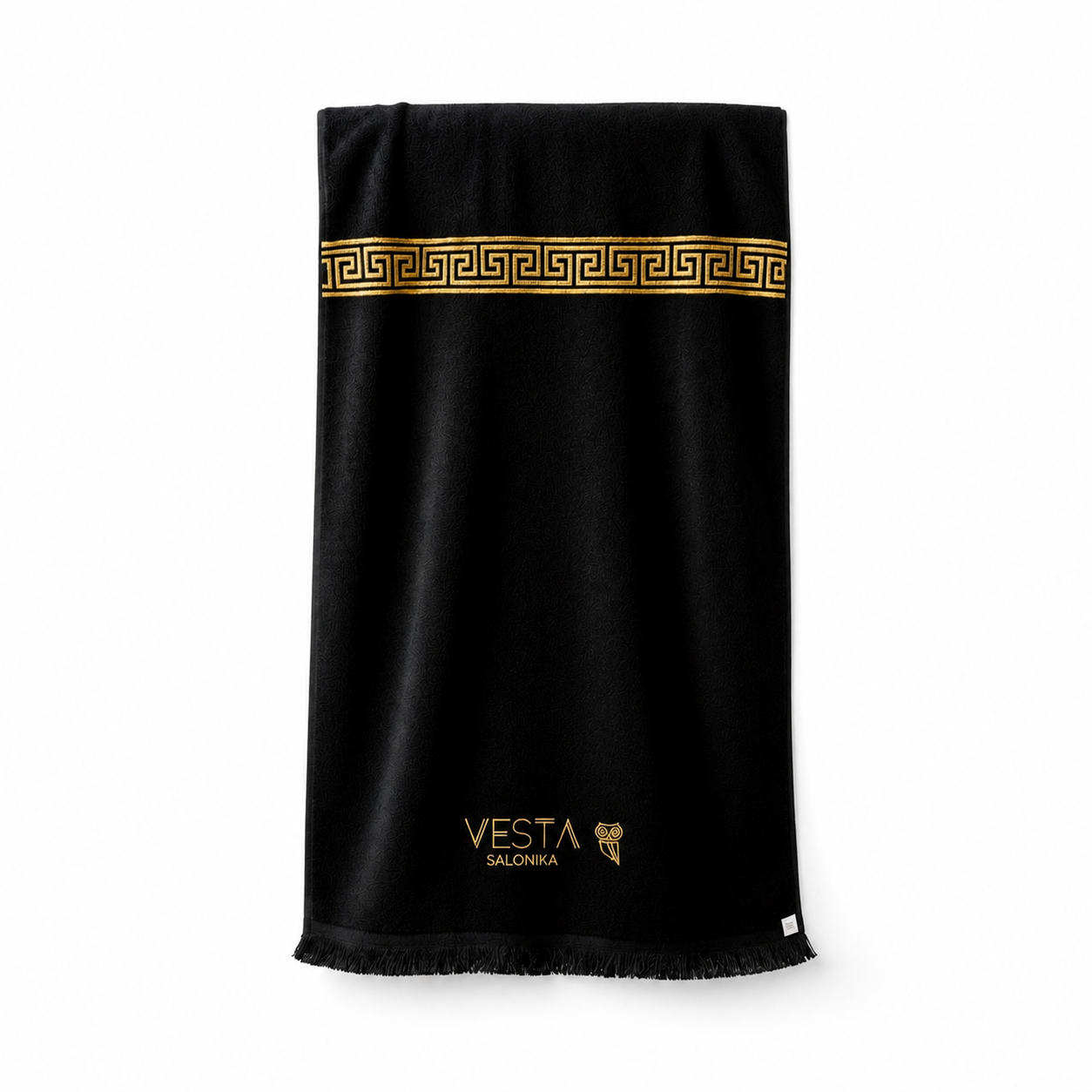 CAMPANI™ Grekisk Nyckel Mönster i Guld Oversize Frottéhandduk i Svart Vesta Salonika