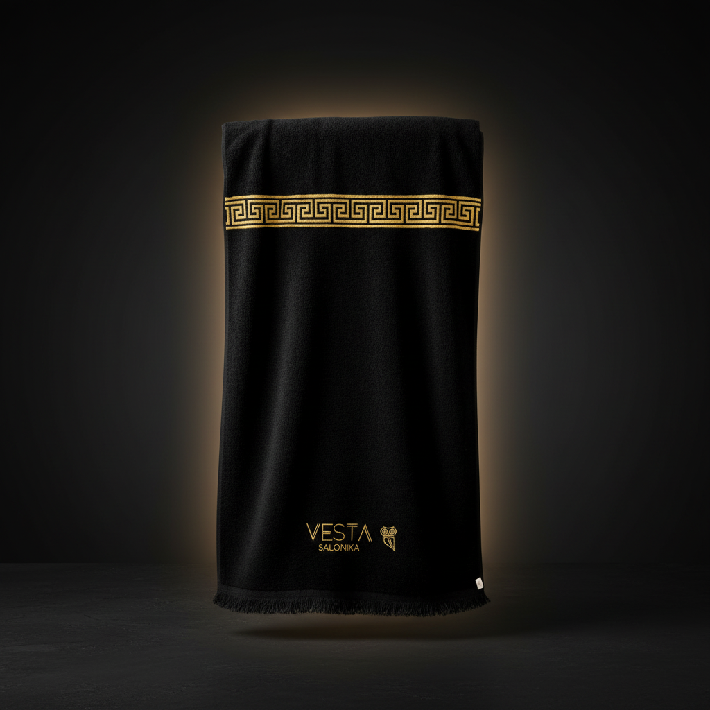 CAMPANI™ Grekisk Nyckel Mönster i Guld Oversize Frottéhandduk i Svart